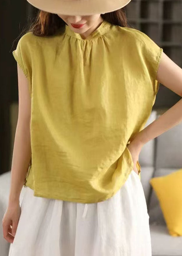 Yellow Loose Linen Tank Tops Stand Collar Summer