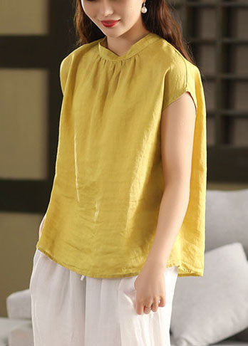 Yellow Loose Linen Tank Tops Stand Collar Summer