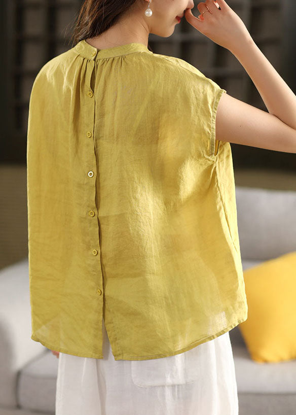 Yellow Loose Linen Tank Tops Stand Collar Summer
