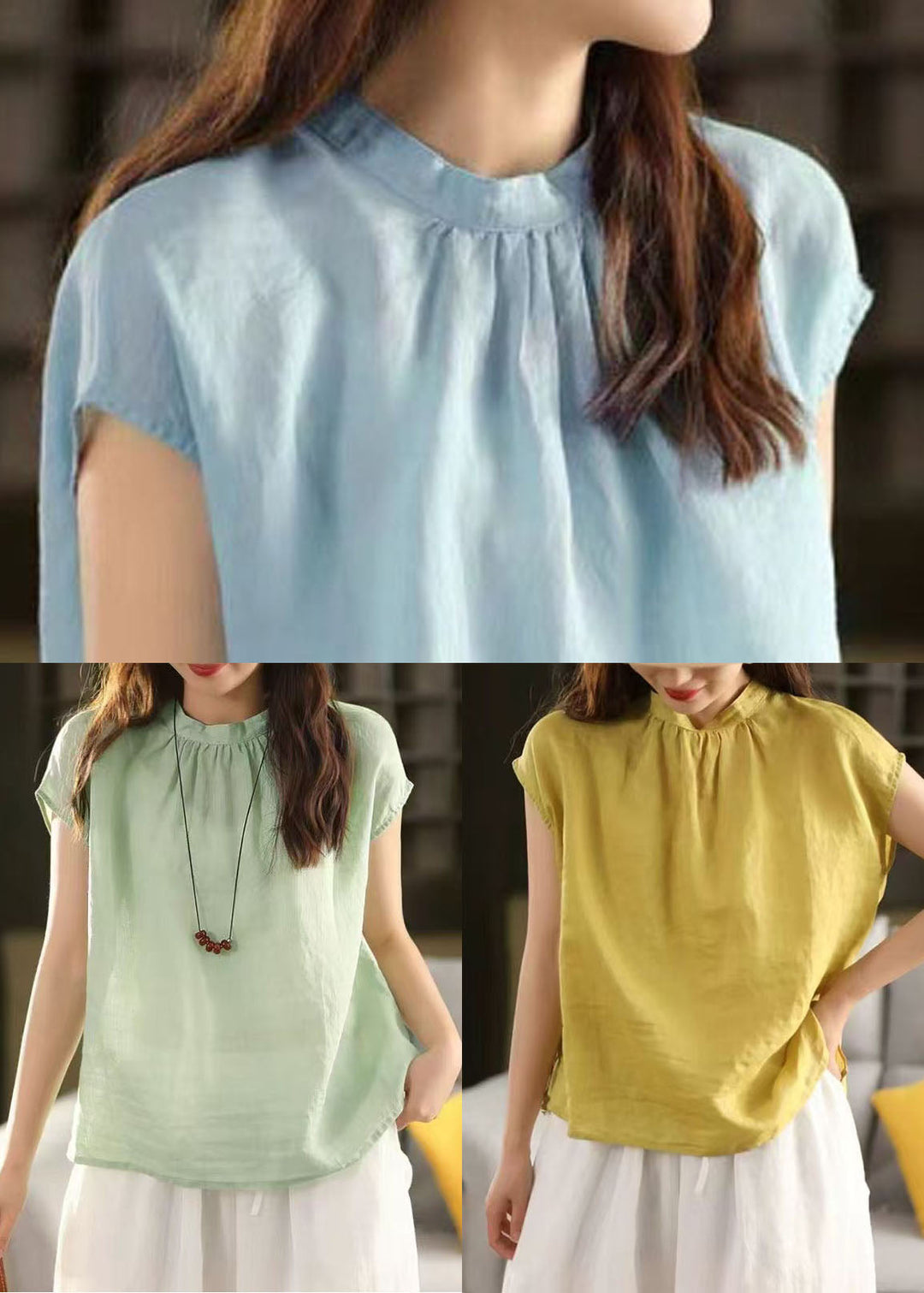 Yellow Loose Linen Tank Tops Stand Collar Summer