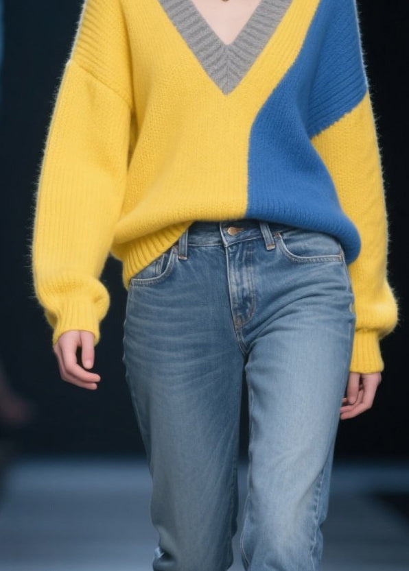 Yellow Patchwork Sweater Tops Asymmetrical Design Winter