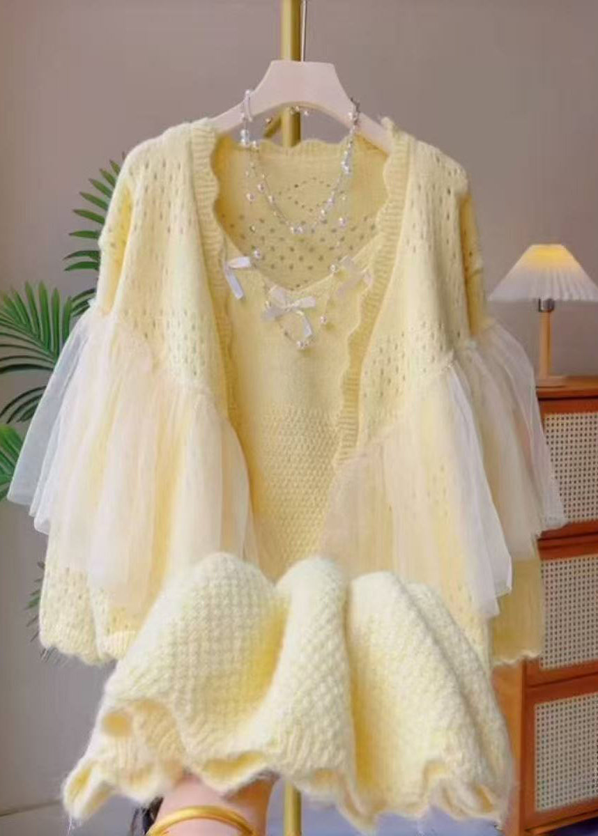 Yellow Patchwork Tulle Knit Two-Piece Set Hollow Out Winter
