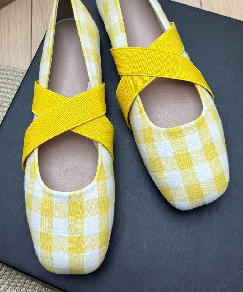 Yellow Plaid Cotton Fabric Women Splicing Flat Shoes