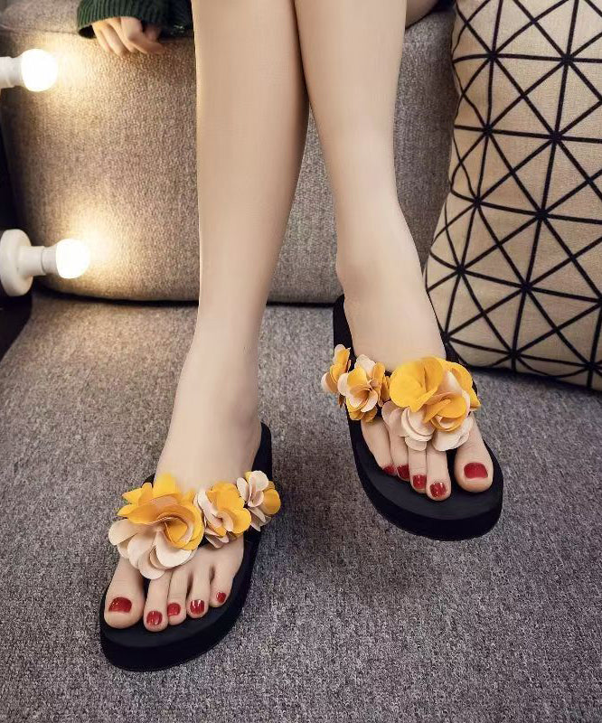 Yellow Platform Faux Leather Elegant Flower Thong Sandals