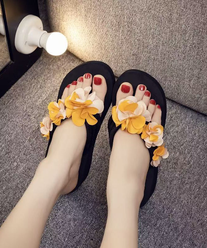 Yellow Platform Faux Leather Elegant Flower Thong Sandals