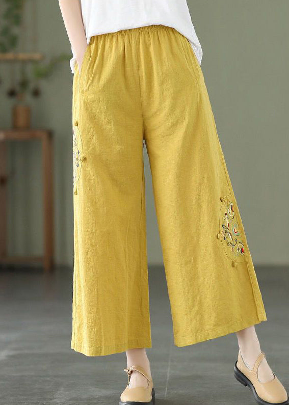 Yellow Pockets Cotton Wide Leg Pants Elastic Waist