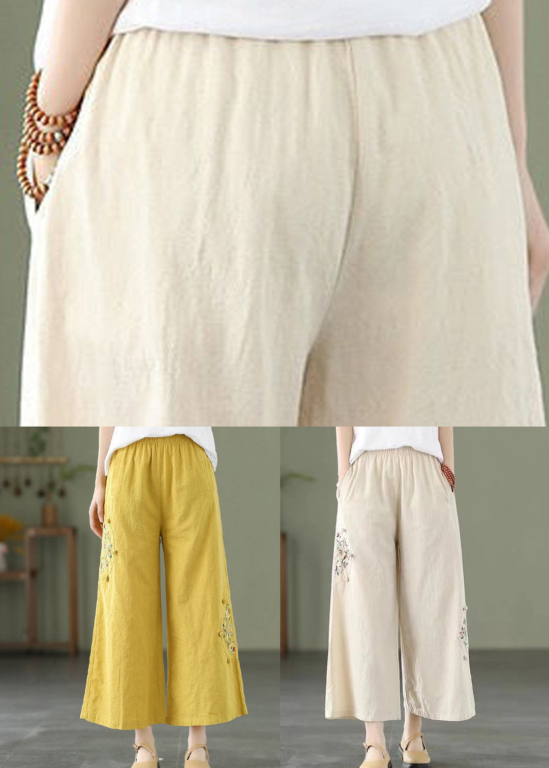 Yellow Pockets Cotton Wide Leg Pants Elastic Waist