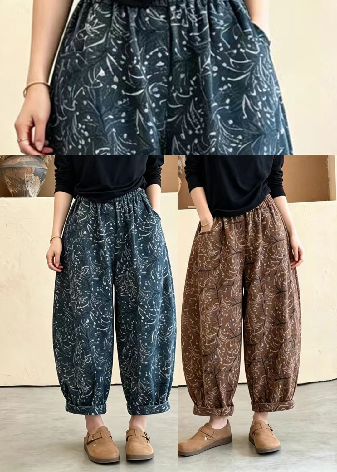 Yellow Pockets Print Elastic Waist Lantern Crop Pants Fall