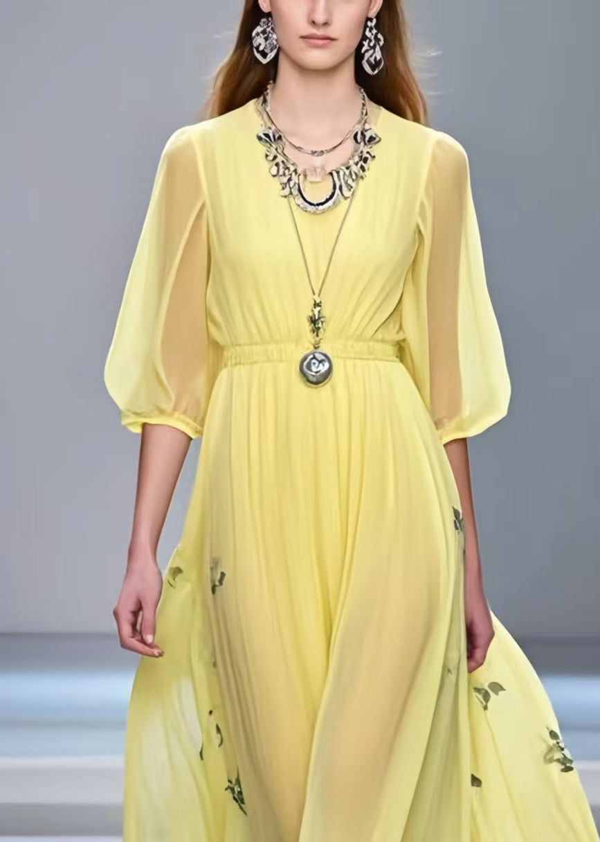 Yellow Print Chiffon Long Dress Exra Large Hem Half Sleeve