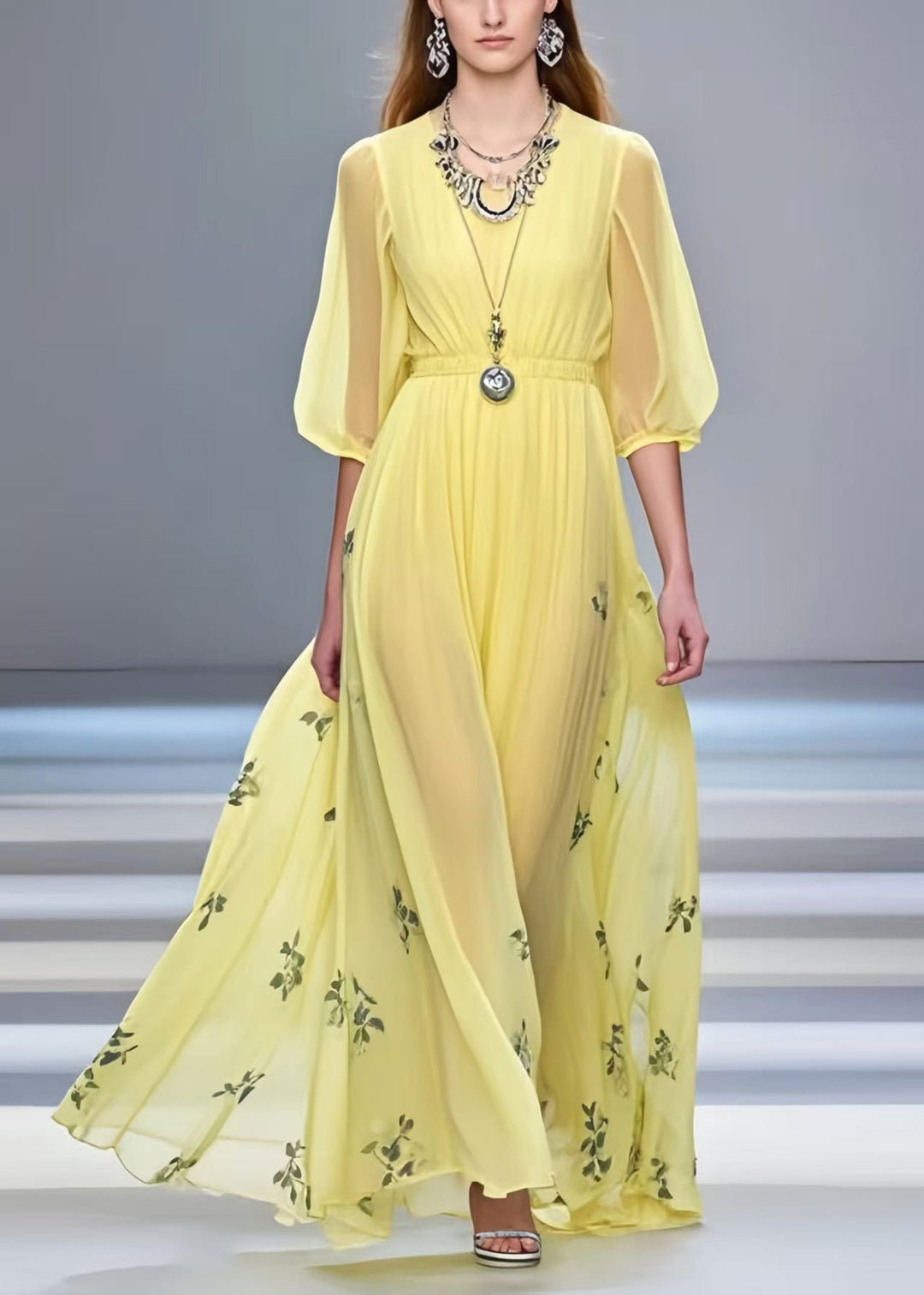 Yellow Print Chiffon Long Dress Exra Large Hem Half Sleeve