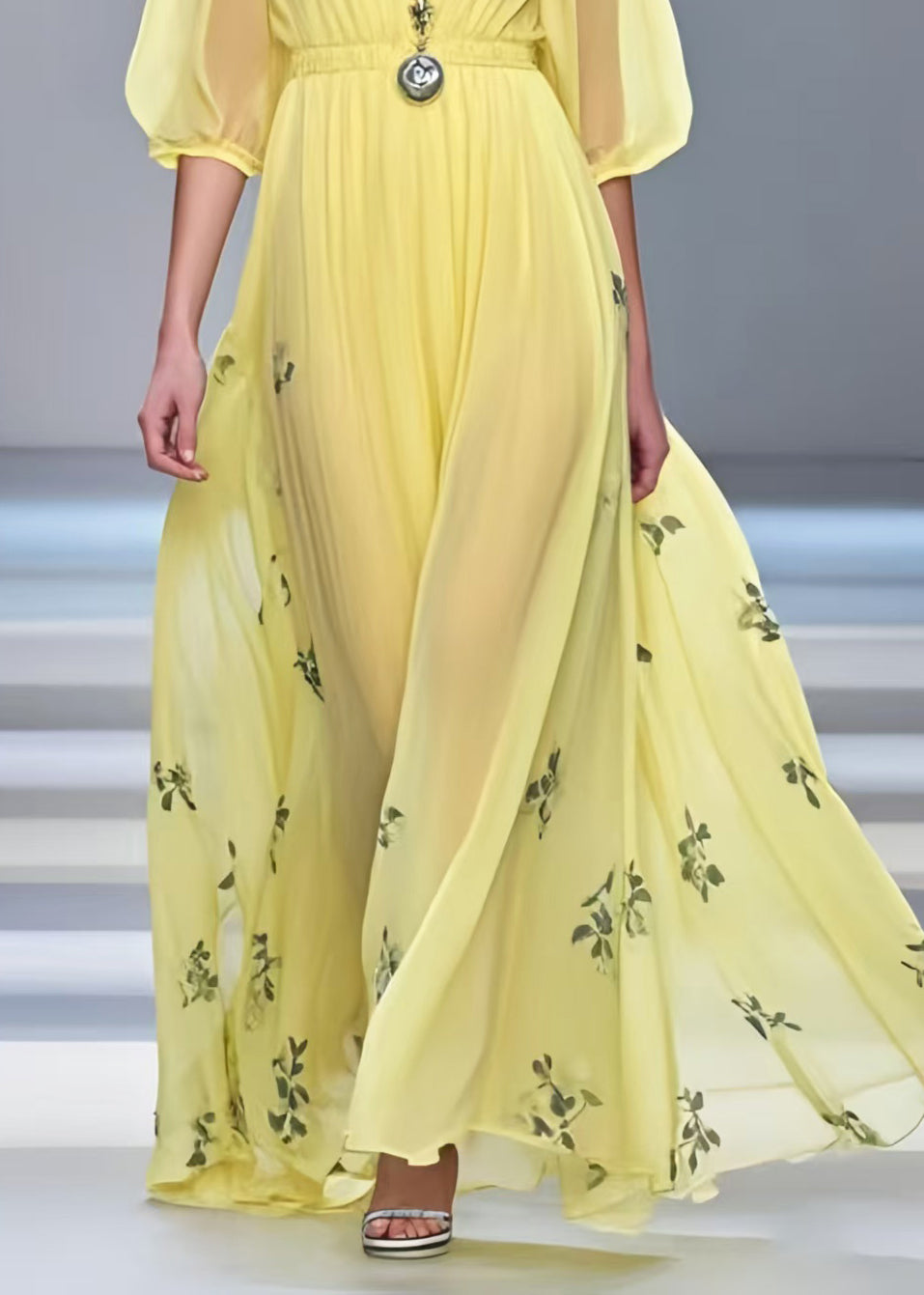 Yellow Print Chiffon Long Dress Exra Large Hem Half Sleeve