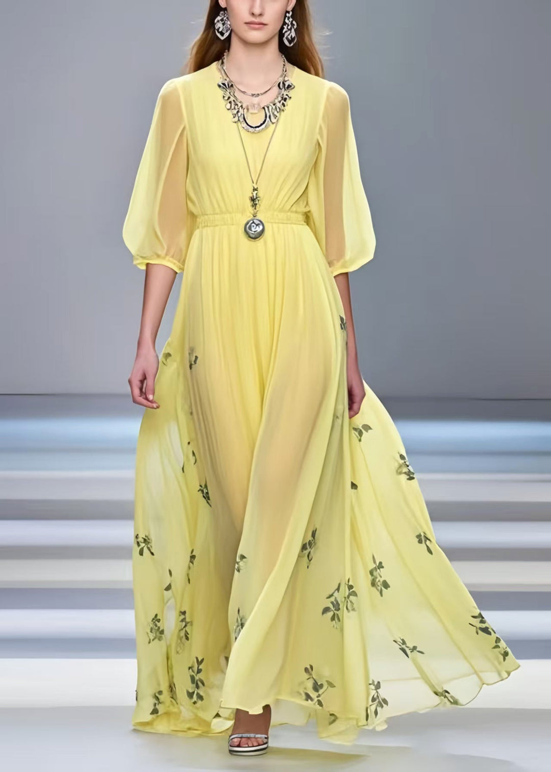 Yellow Print Chiffon Long Dress Exra Large Hem Half Sleeve