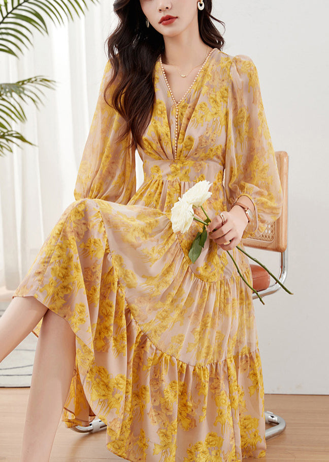 Yellow Print Chiffon Maxi Dresses Exra Large Hem Bracelet Sleeve