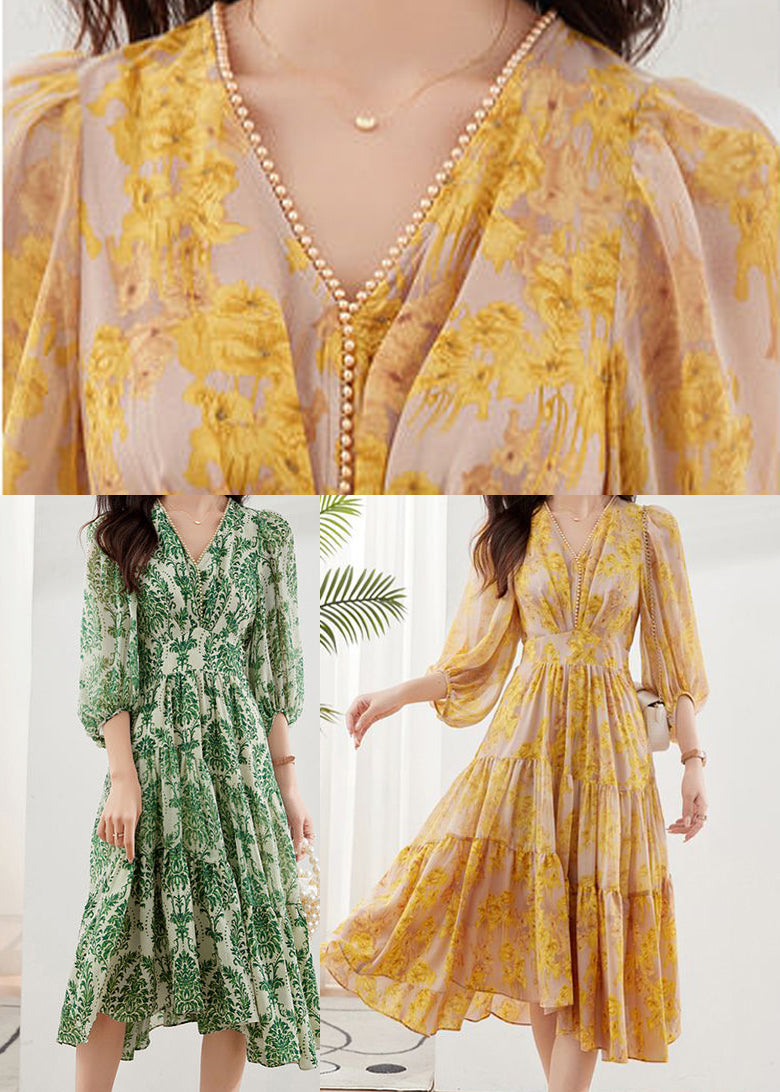 Yellow Print Chiffon Maxi Dresses Exra Large Hem Bracelet Sleeve