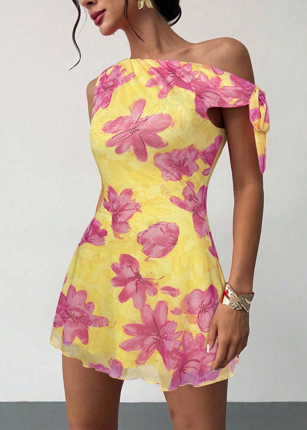 Yellow Print Chiffon Vacation Dress One Shoulder Summer