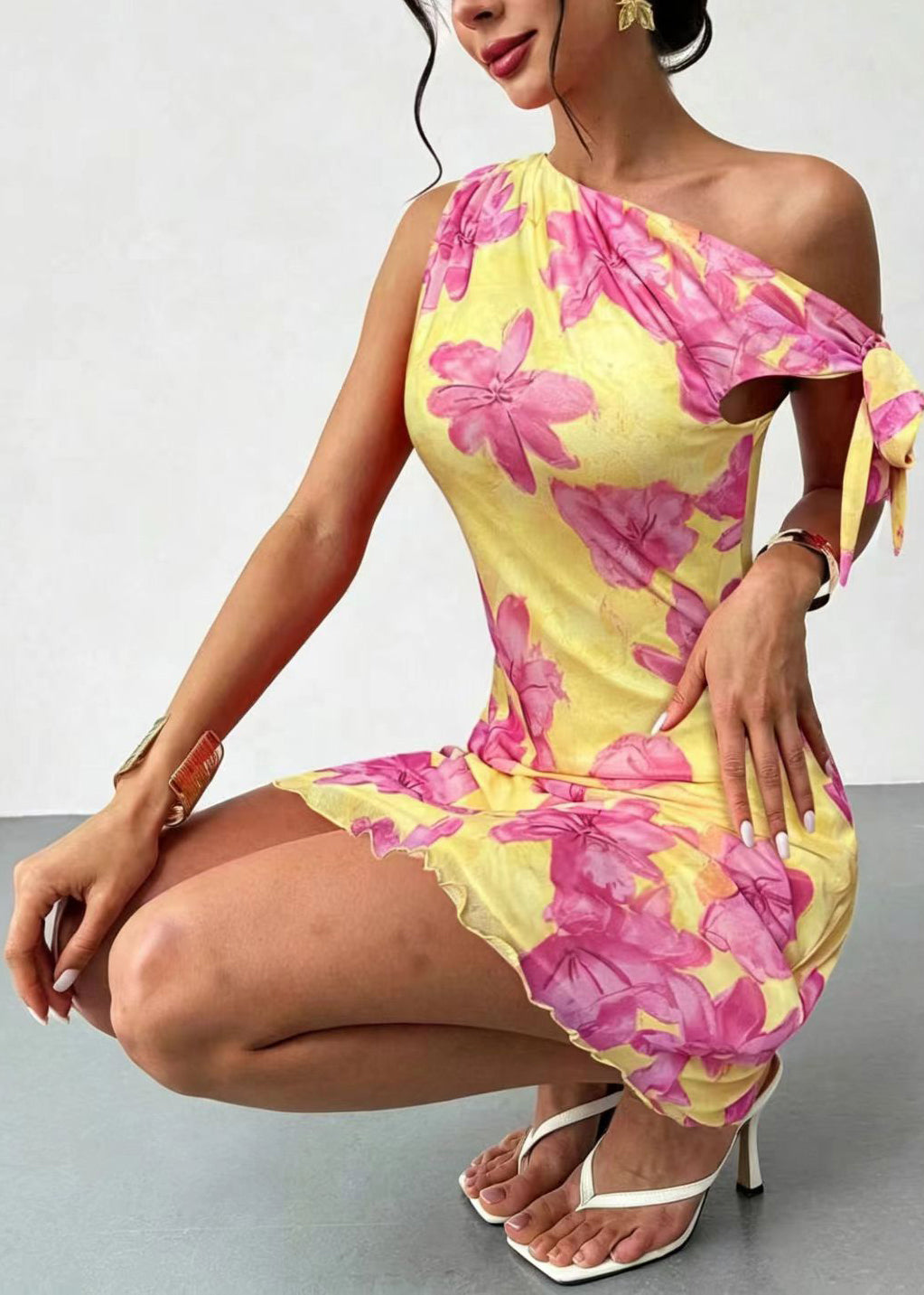 Yellow Print Chiffon Vacation Dress One Shoulder Summer