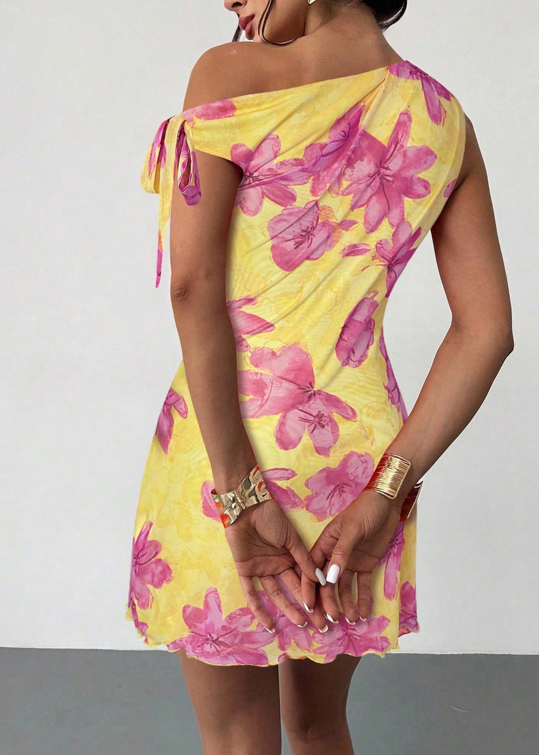 Yellow Print Chiffon Vacation Dress One Shoulder Summer