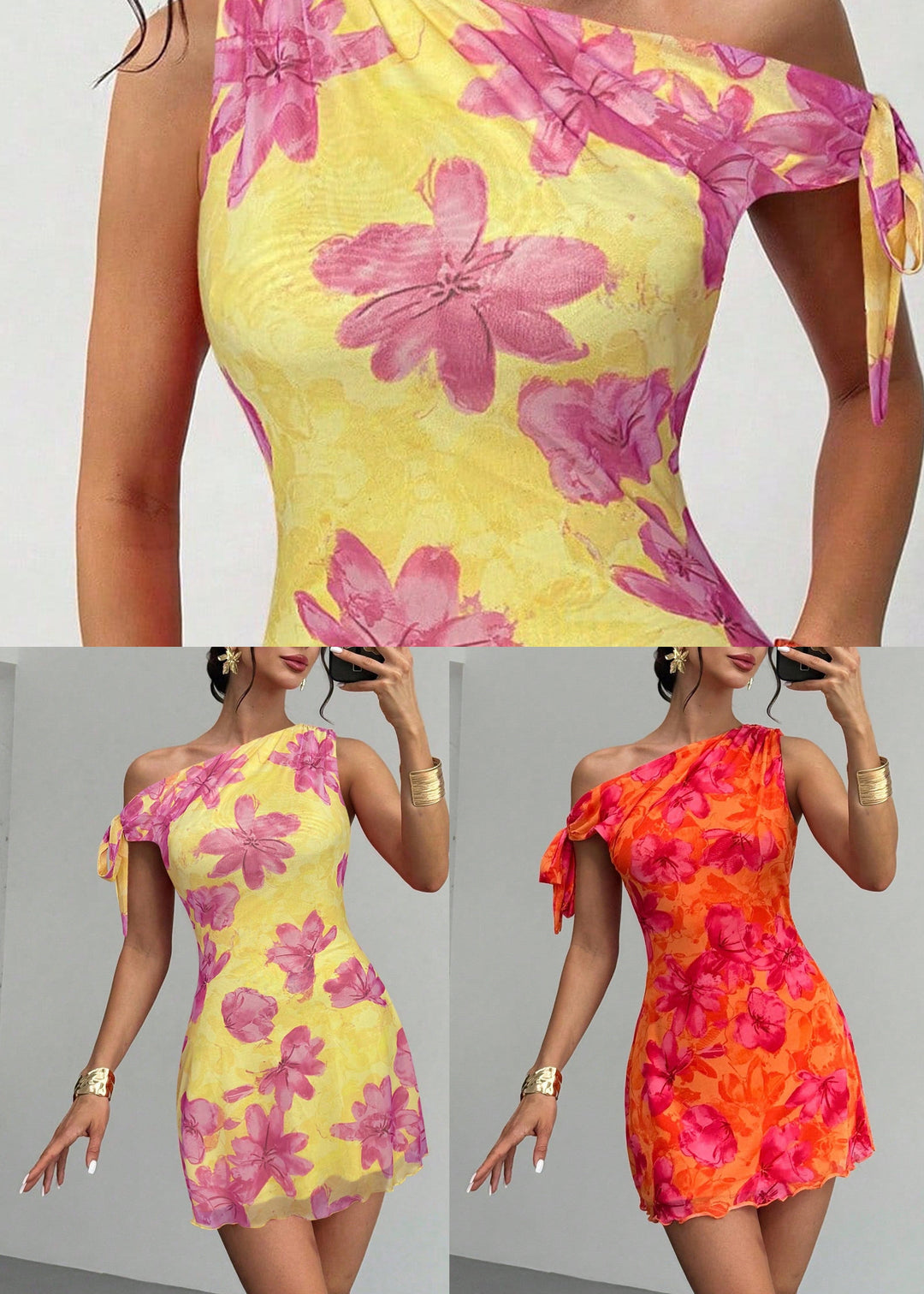 Yellow Print Chiffon Vacation Dress One Shoulder Summer