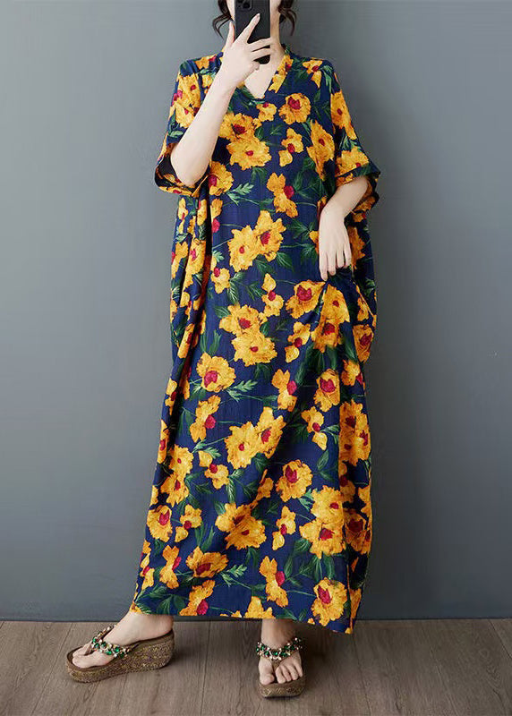 Yellow Print Cotton Long Dress Oversized Batwing Sleeve