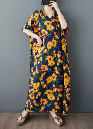 Yellow Print Cotton Long Dress Oversized Batwing Sleeve