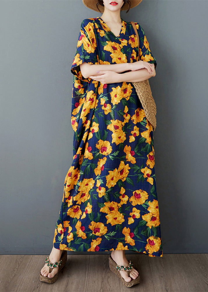 Yellow Print Cotton Long Dress Oversized Batwing Sleeve
