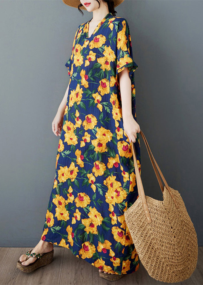 Yellow Print Cotton Long Dress Oversized Batwing Sleeve
