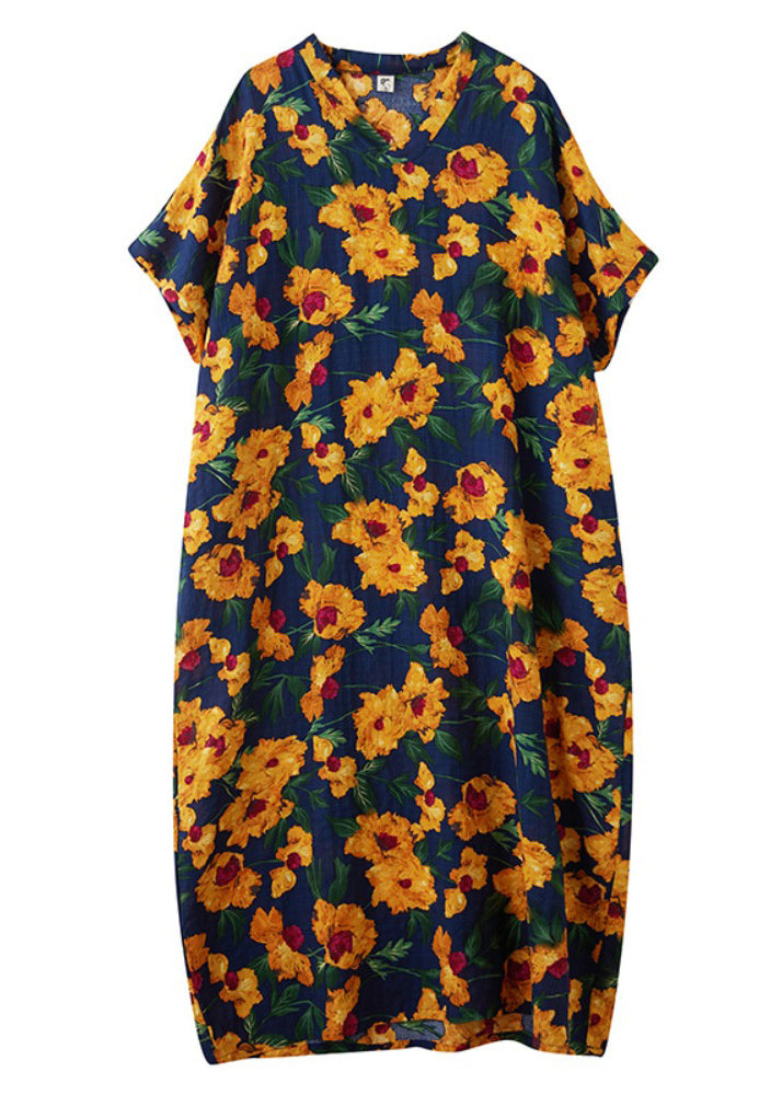 Yellow Print Cotton Long Dress Oversized Batwing Sleeve
