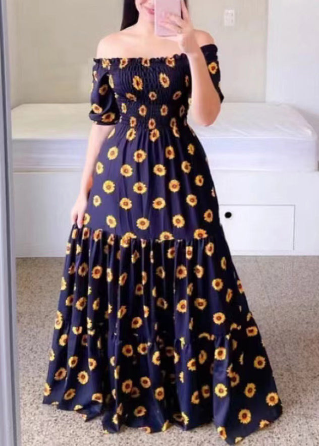 Yellow Print Cotton Long Dresses Wrinkled Short Sleeve