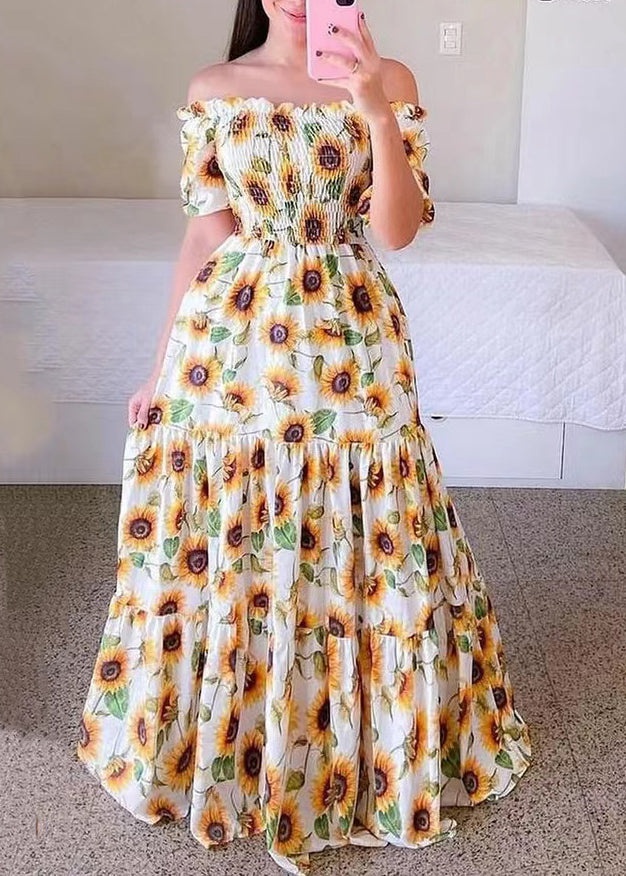 Yellow Print Cotton Long Dresses Wrinkled Short Sleeve