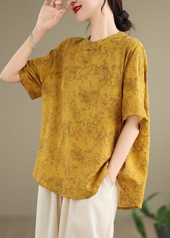 Yellow Print Cotton Shirt Chinese Button Half Sleeve