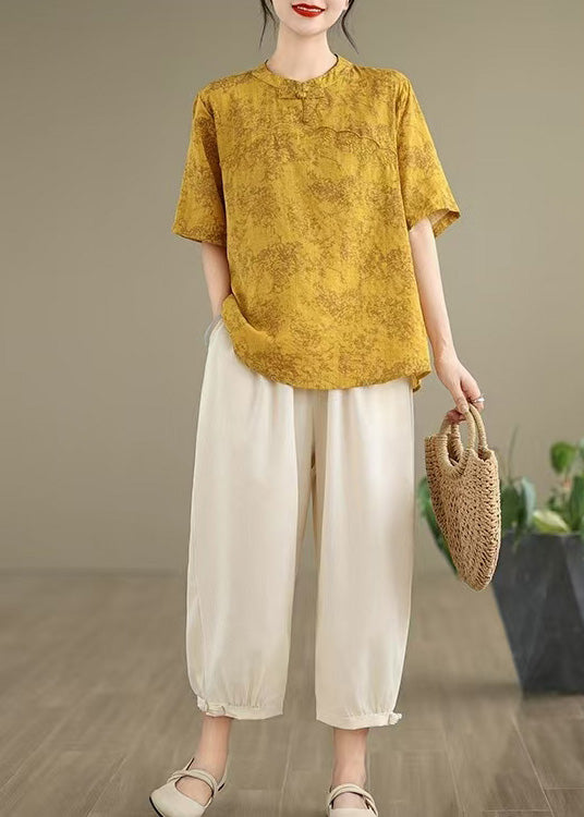 Yellow Print Cotton Shirt Chinese Button Half Sleeve