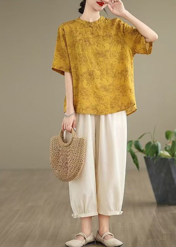 Yellow Print Cotton Shirt Chinese Button Half Sleeve