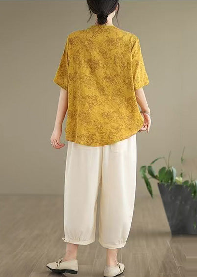 Yellow Print Cotton Shirt Chinese Button Half Sleeve
