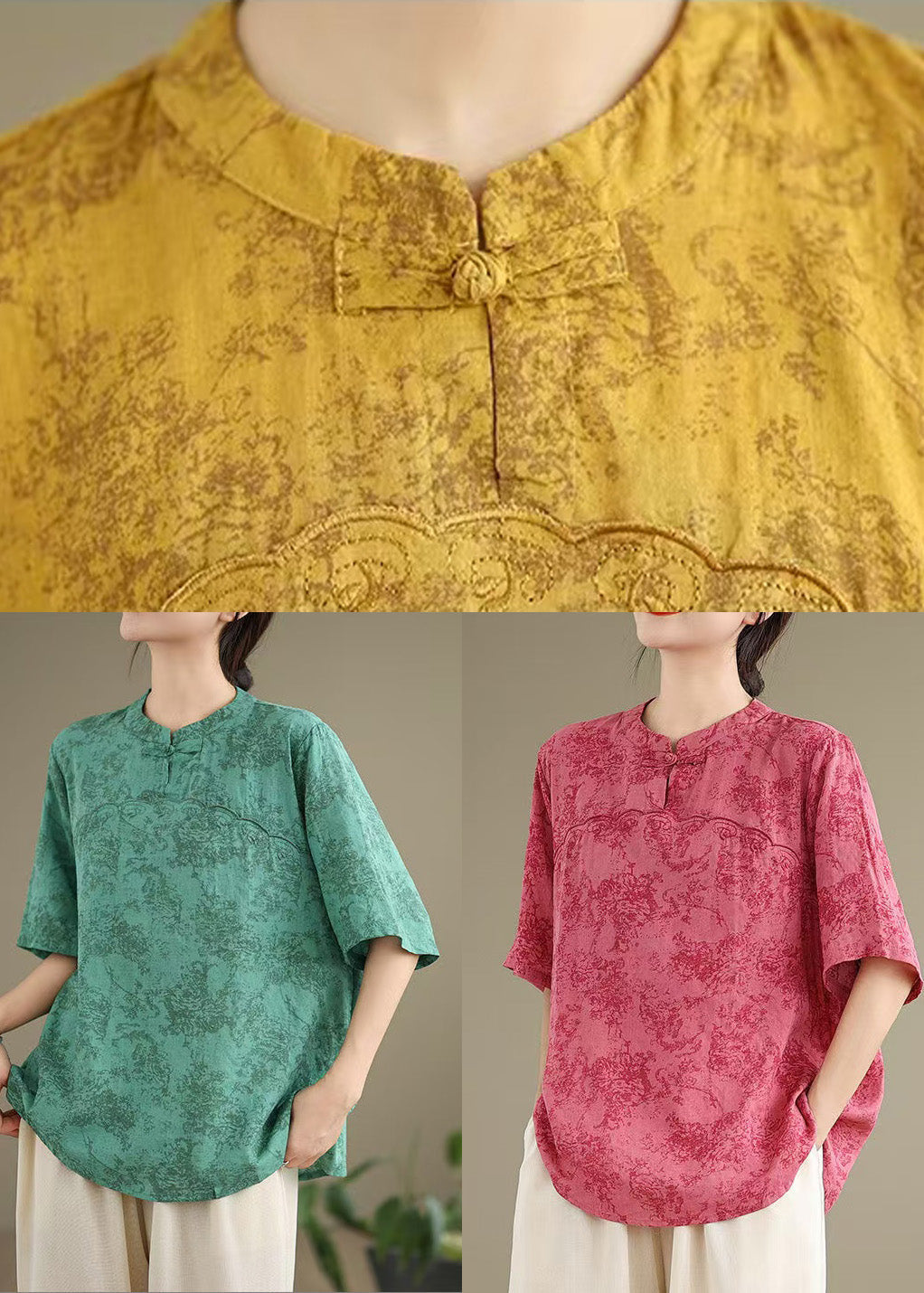 Yellow Print Cotton Shirt Chinese Button Half Sleeve