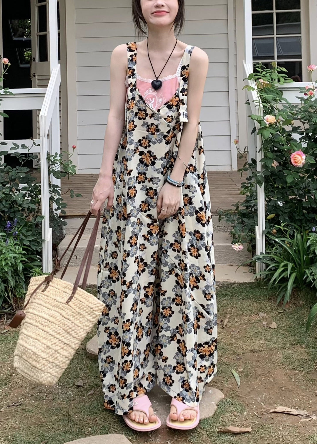 Yellow Print Cotton Sleeveless Wide Leg Jumpsuit V Neck