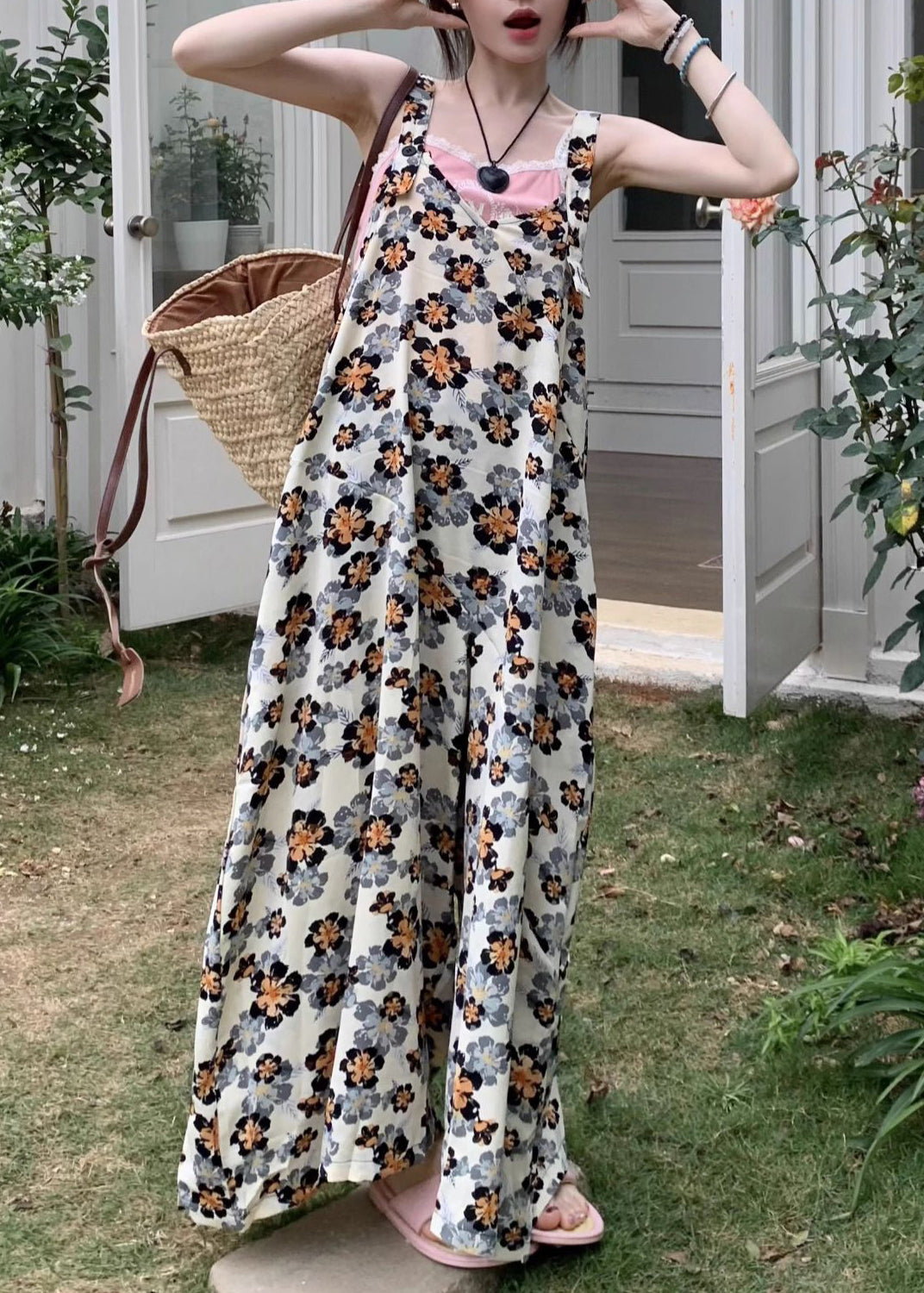 Yellow Print Cotton Sleeveless Wide Leg Jumpsuit V Neck