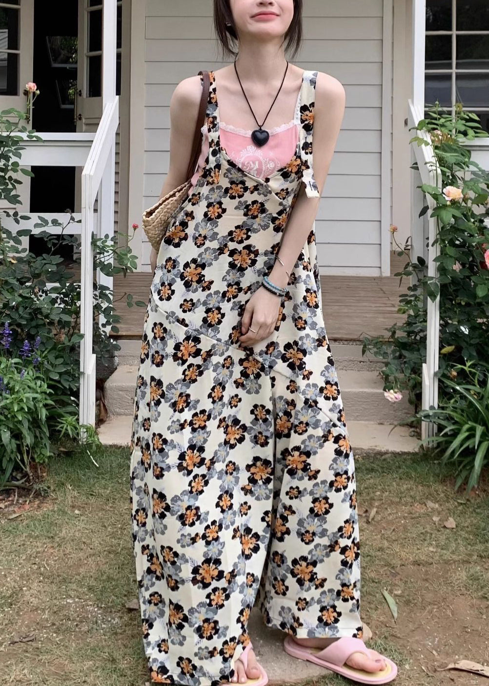 Yellow Print Cotton Sleeveless Wide Leg Jumpsuit V Neck