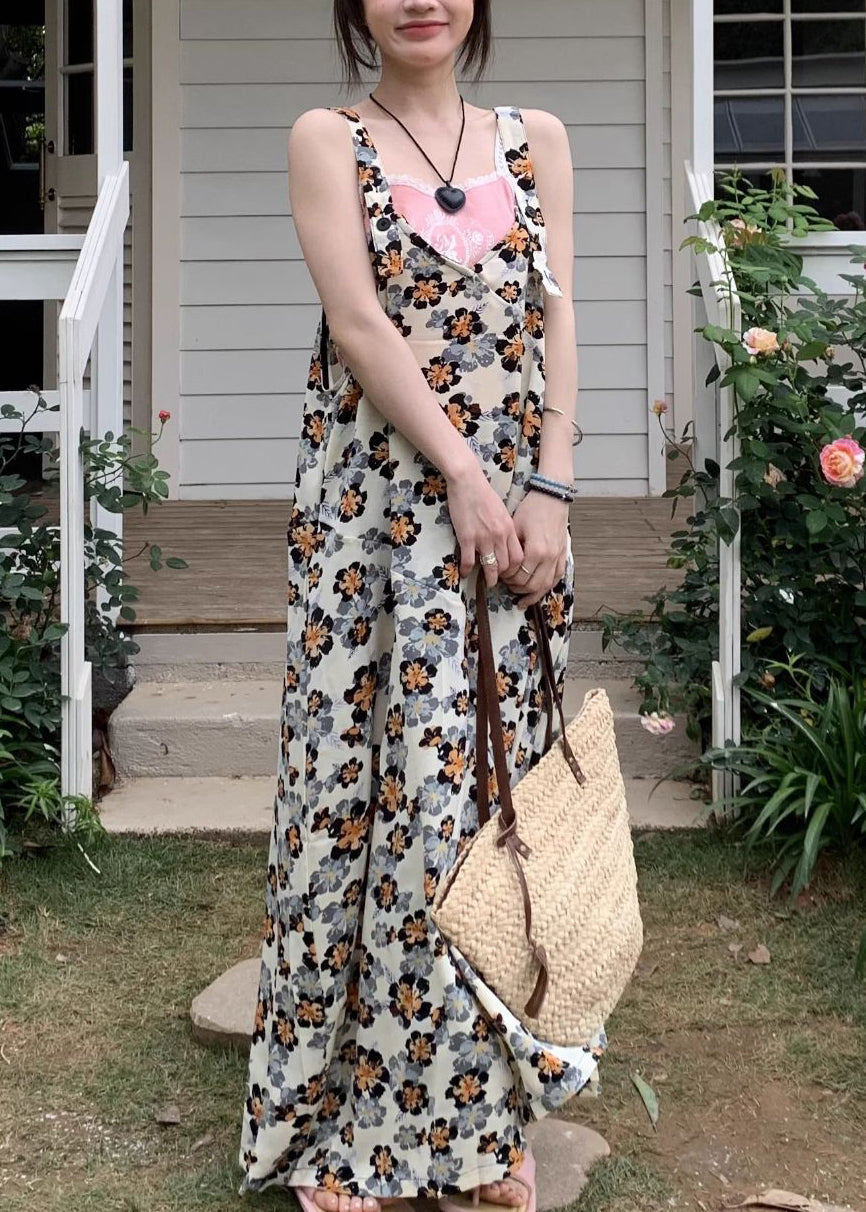 Yellow Print Cotton Sleeveless Wide Leg Jumpsuit V Neck