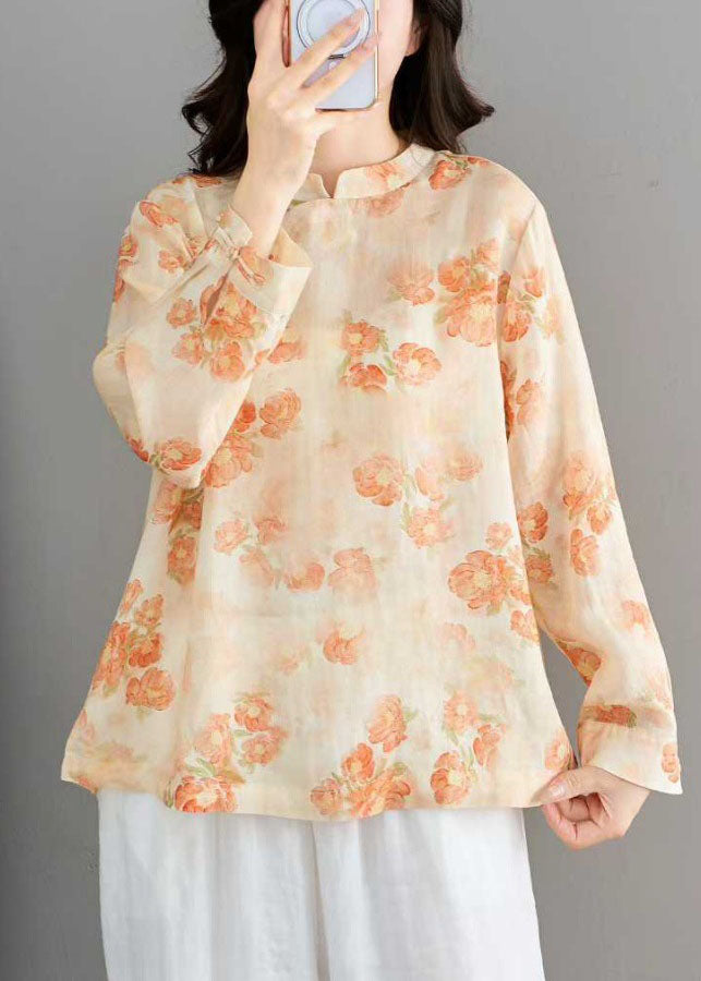 Yellow Print Linen Shirts Stand Collar Chinese Button Spring