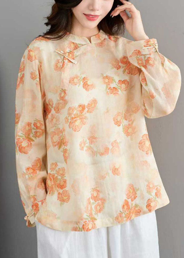 Yellow Print Linen Shirts Stand Collar Chinese Button Spring