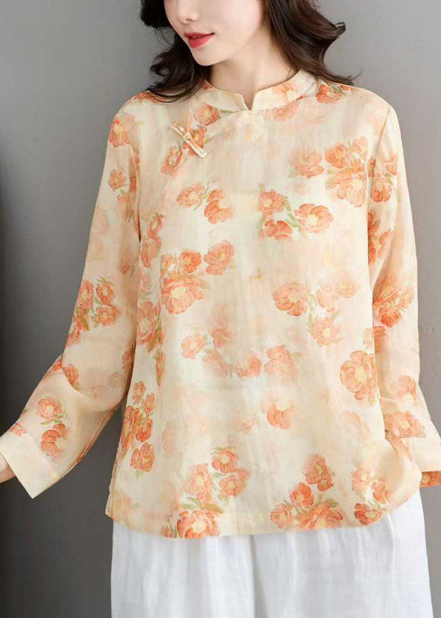 Yellow Print Linen Shirts Stand Collar Chinese Button Spring