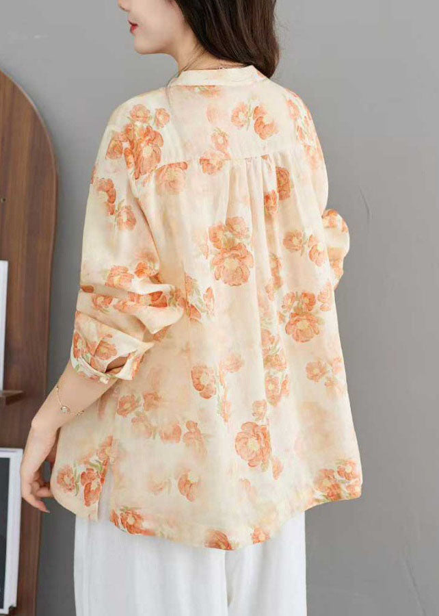 Yellow Print Linen Shirts Stand Collar Chinese Button Spring