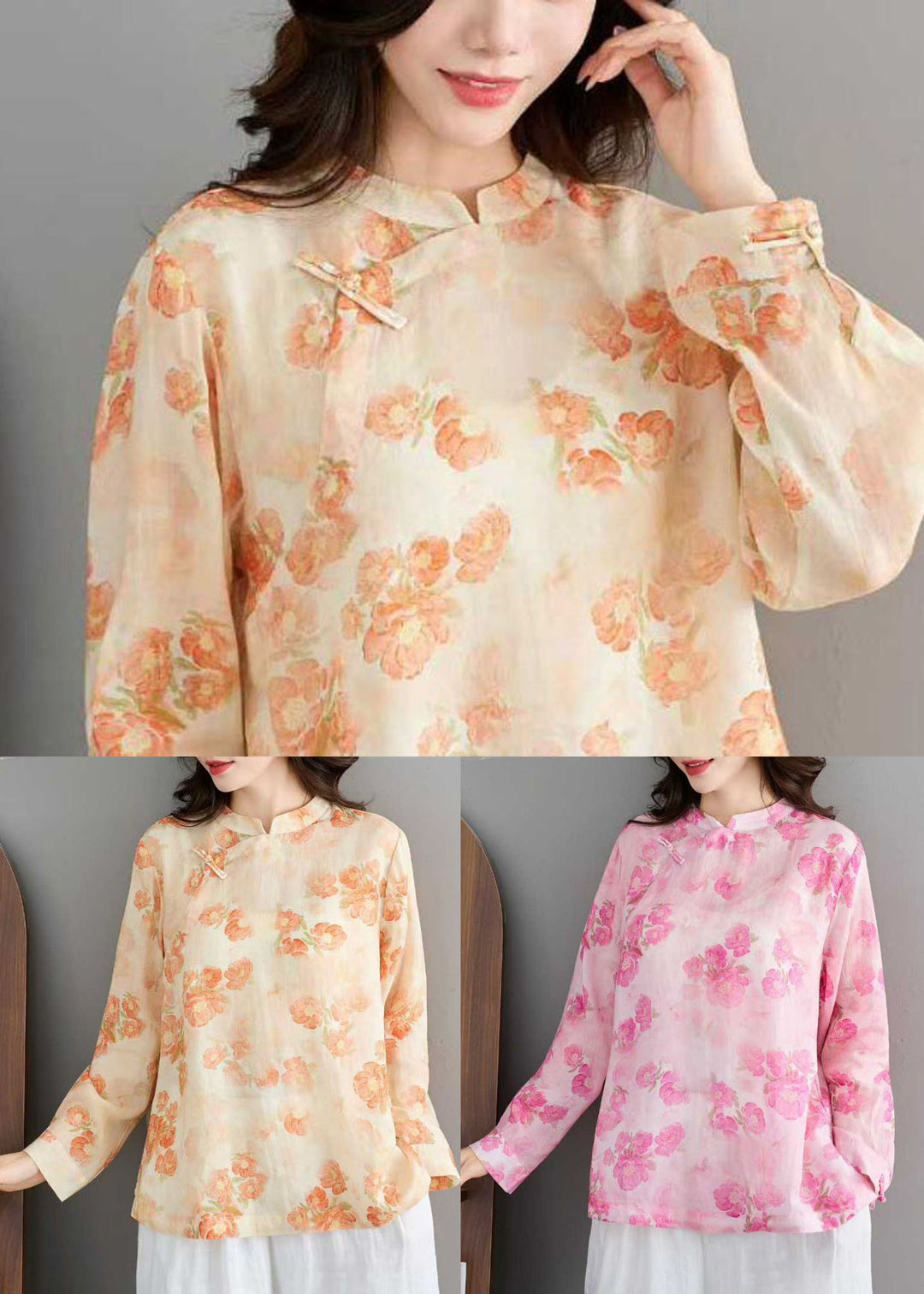 Yellow Print Linen Shirts Stand Collar Chinese Button Spring