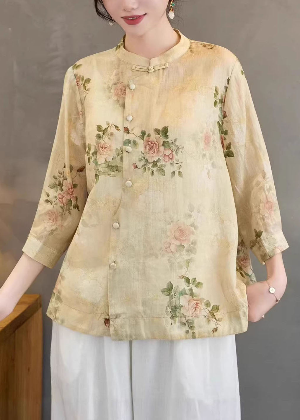 Yellow Print Linen Shirts Stand Collar Chinese Button Summer