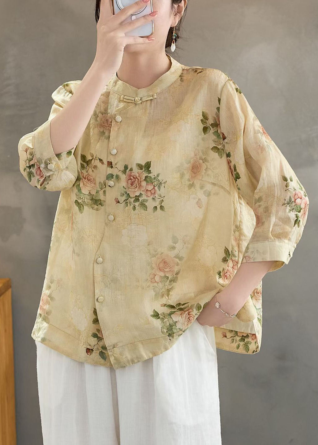 Yellow Print Linen Shirts Stand Collar Chinese Button Summer