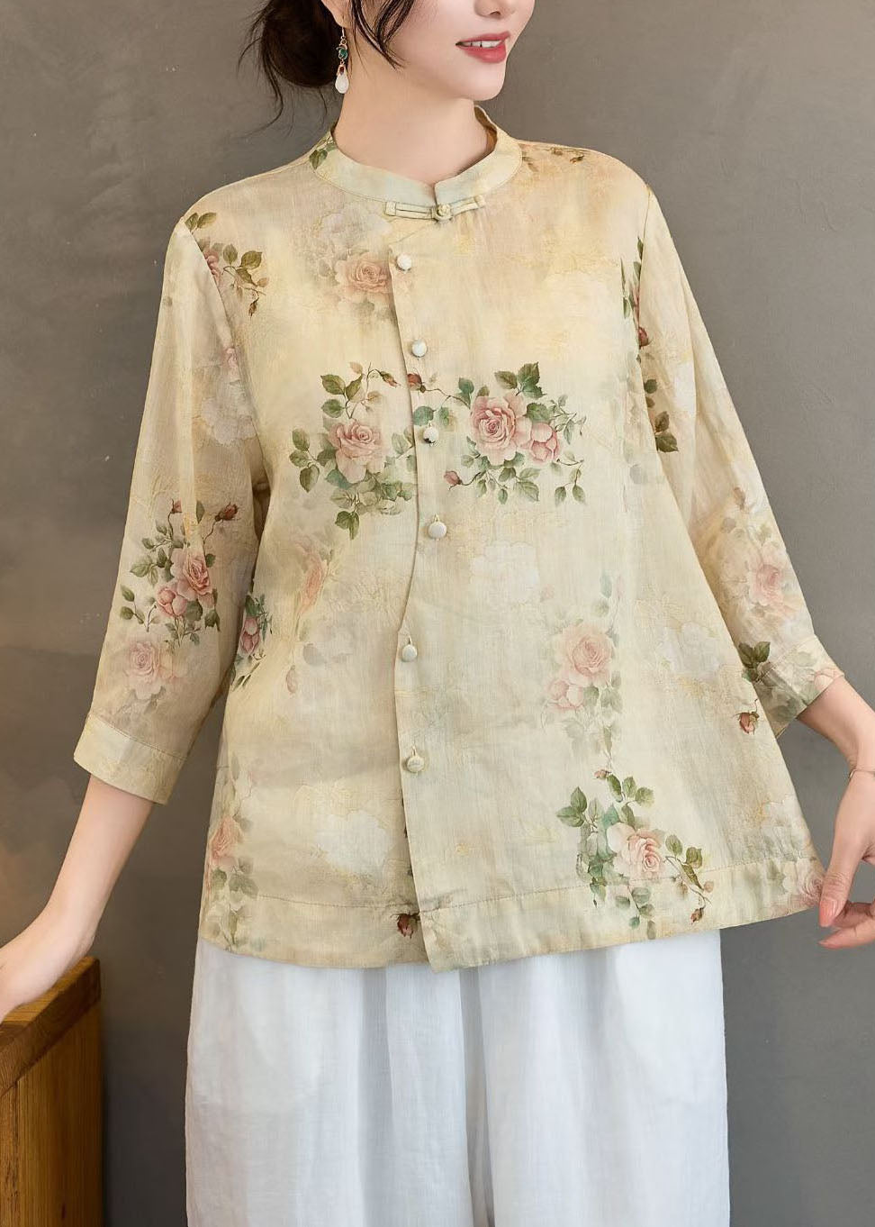 Yellow Print Linen Shirts Stand Collar Chinese Button Summer