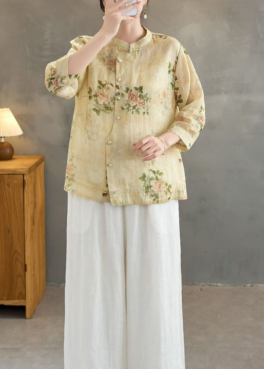Yellow Print Linen Shirts Stand Collar Chinese Button Summer