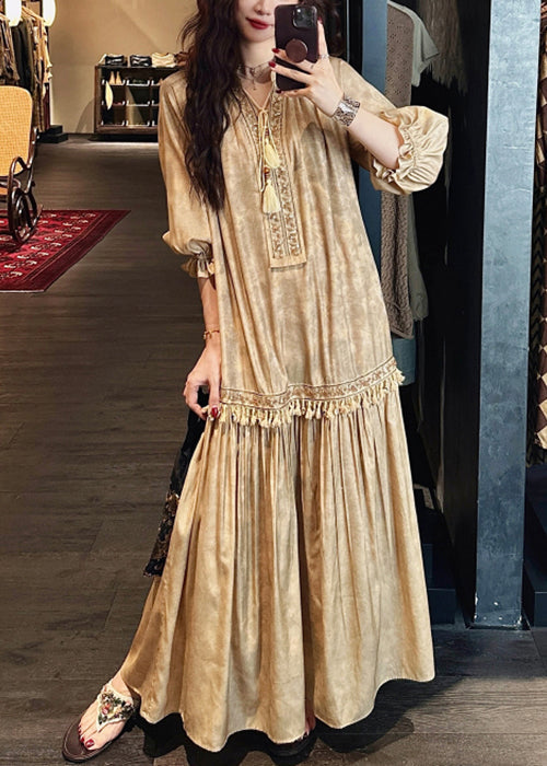 Yellow Print Tasseled Silk Long Dress V Neck Half Sleeve