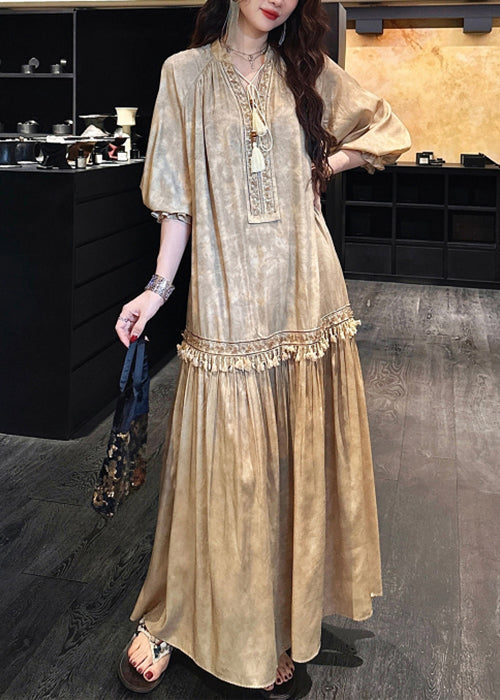 Yellow Print Tasseled Silk Long Dress V Neck Half Sleeve