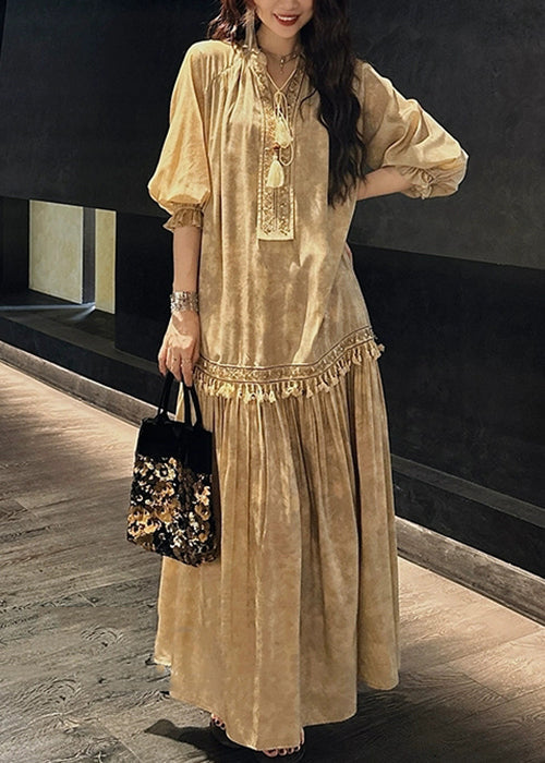 Yellow Print Tasseled Silk Long Dress V Neck Half Sleeve